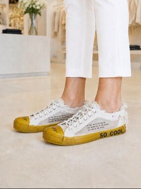 Women’s White Canvas Sneakers with Yellow Toe and Sole Accent❤️7.5